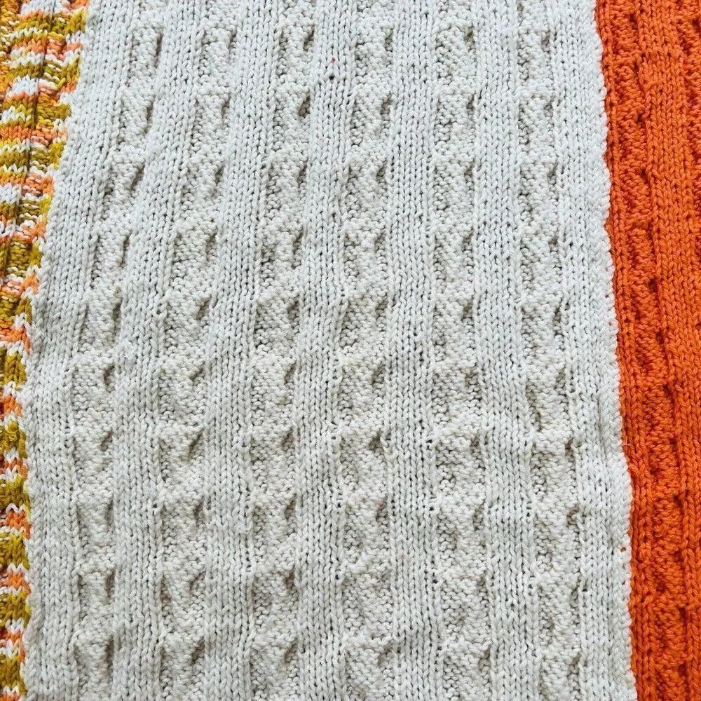 Vintage 1970s Cable Knit Handmade Afghan Throw Blanket Orange Cream Gold 67